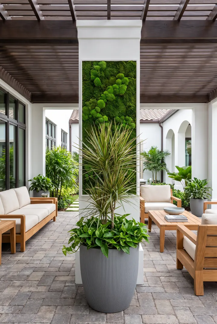 Una columna viva. Jardín vertical en la columna y palmera en macetero.