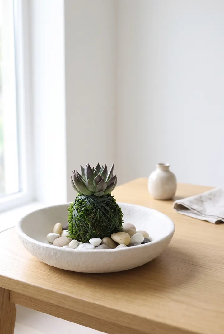 Un kokedama de suculenta. Echeveria sobre bola de musgo en un cuenco con cantos.