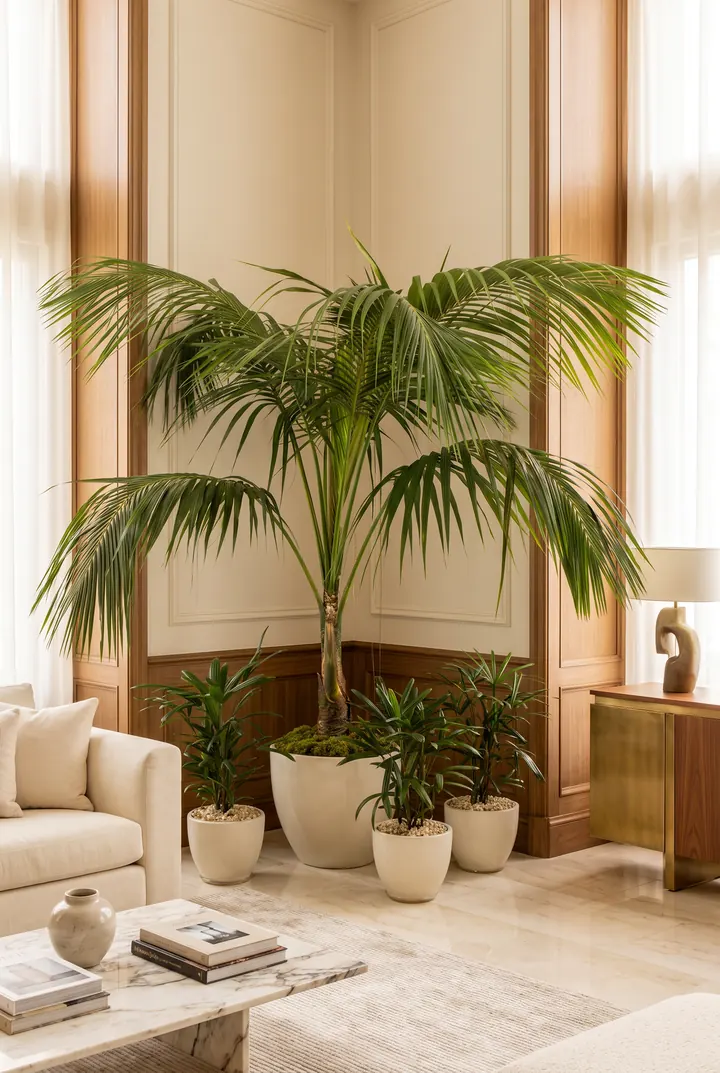 Una palmera en la esquina. Una palmera con plantas bajas a sus pies.