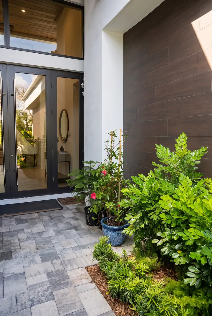 Plantas en la entrada. Arbustos y flores junto a la puerta de la casa.