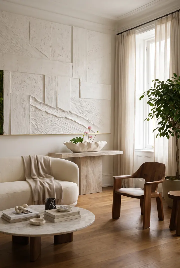 Rosa en el salón. Un ikebana rosa en la mesa baja y un árbol junto al ventanal.