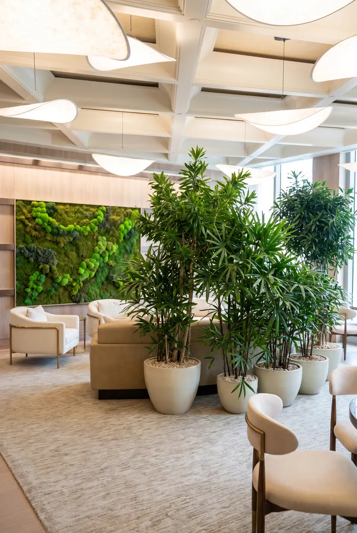 Un salón con jardín. Grupos de plantas en tinajas ante un muro de musgo.