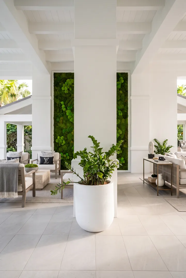 Bajo el porche. Una planta en macetero blanco junto a la columna verde.
