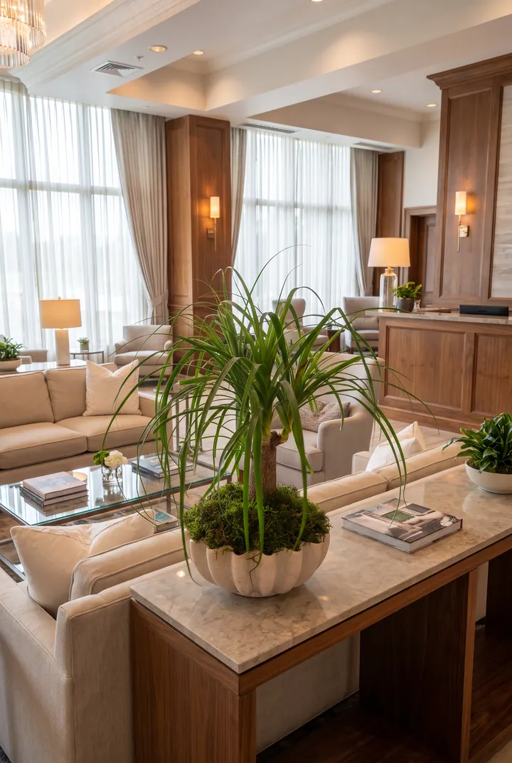 Dracena en el club. Una dracena en cuenco bajo sobre la consola del salón.