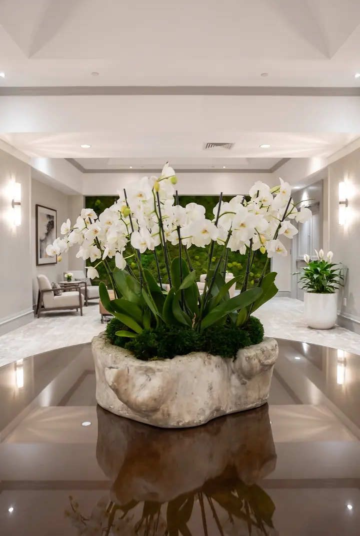 Orquídeas blancas. Orquídeas en una maceta de piedra sobre la mesa del salón.
