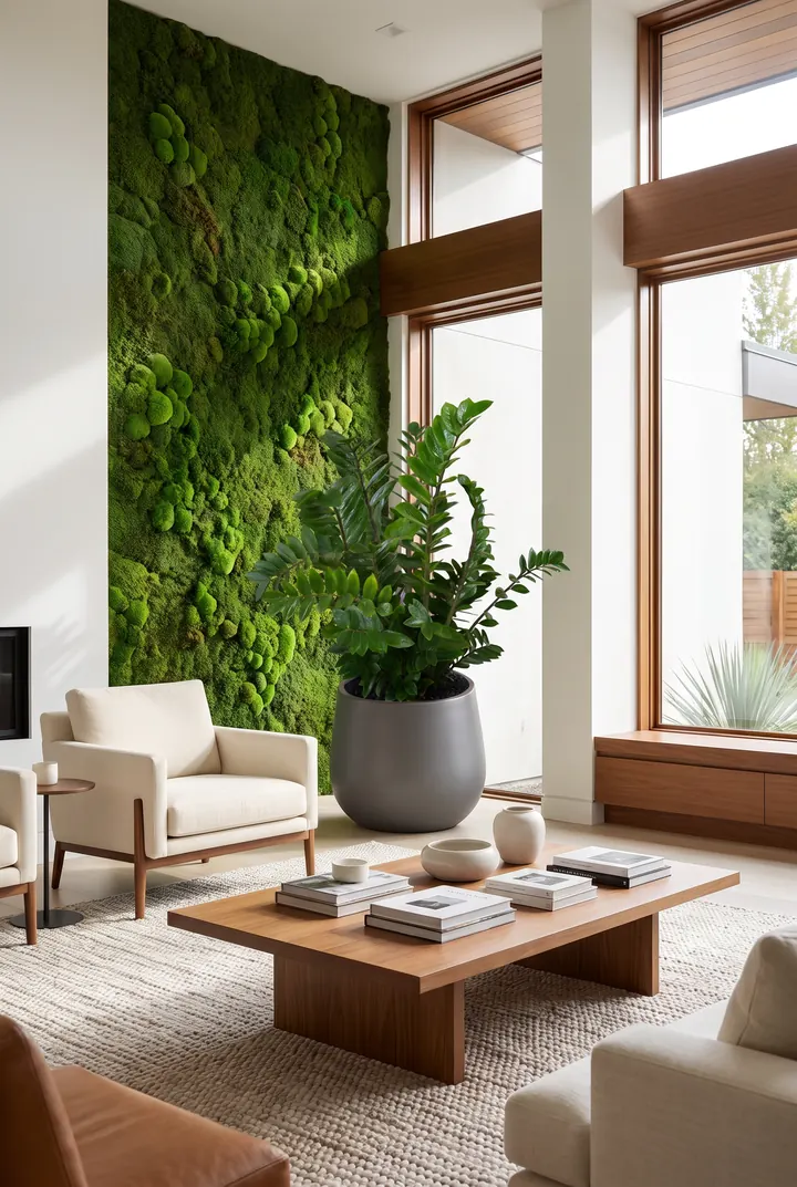 Una zamioculca en el salón. Zamioculca en macetero gris junto a un muro de musgo.