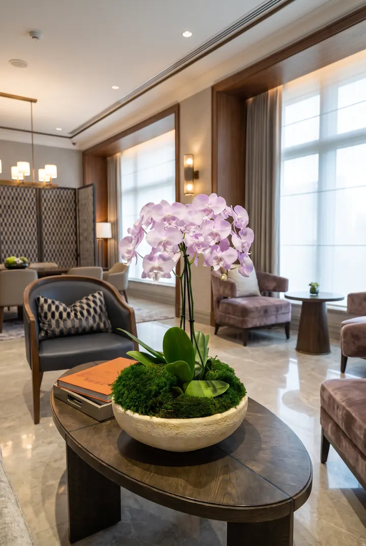 Una orquídea en la mesa. Orquídea rosa sobre musgo en un cuenco de piedra.