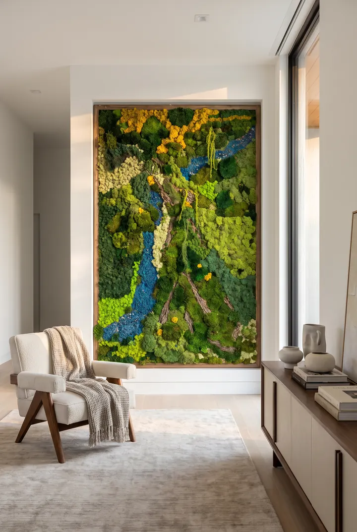 Un río azul. Cuadro de musgo con un río azul, de suelo a techo.