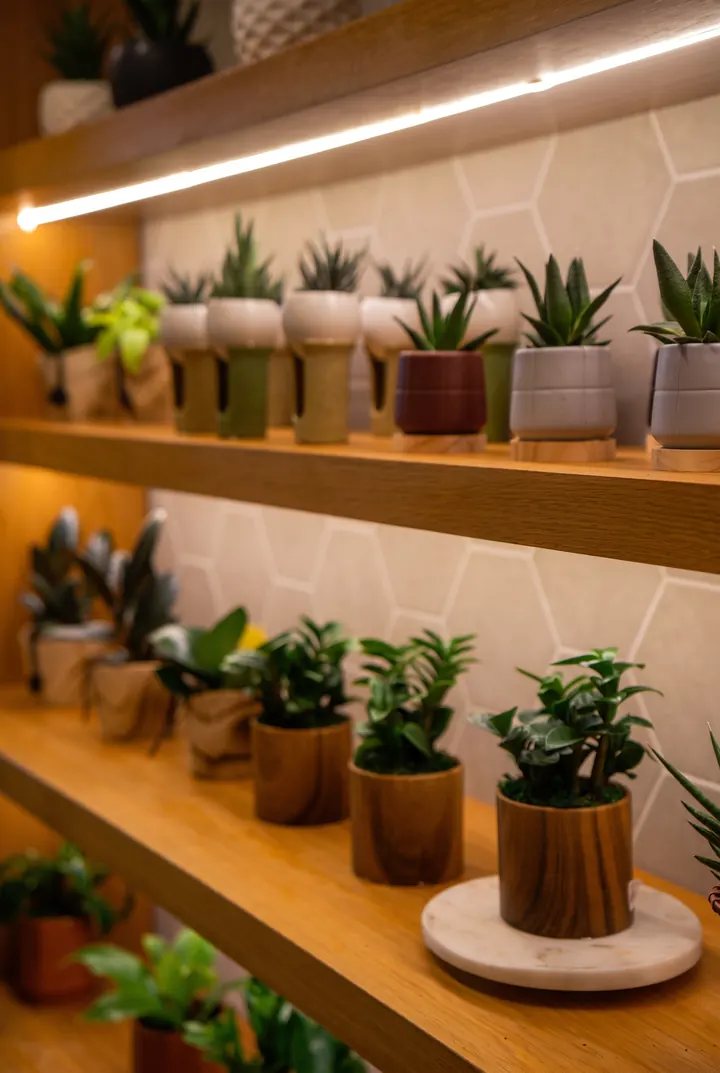 Los estantes de la tienda. Suculentas y plantas pequeñas en macetas de madera y cerámica.