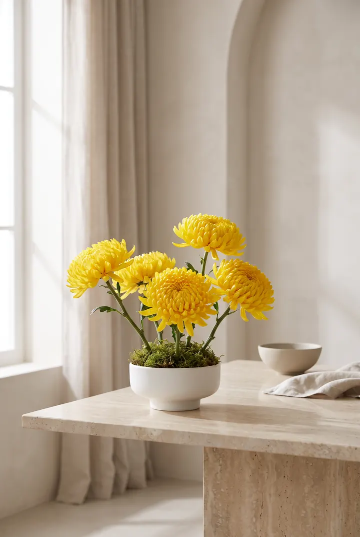 Crisantemos amarillos. Crisantemos en un cuenco blanco sobre la mesa de travertino.