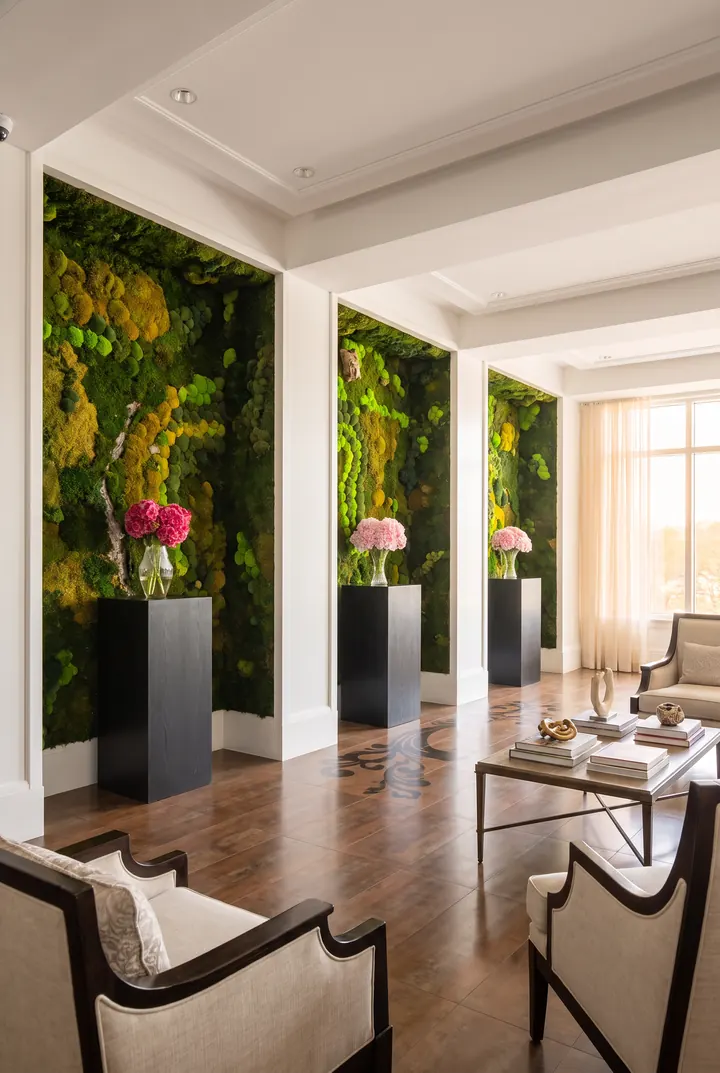 Una galería de musgo. Muros de musgo entre columnas, con flores en peanas.