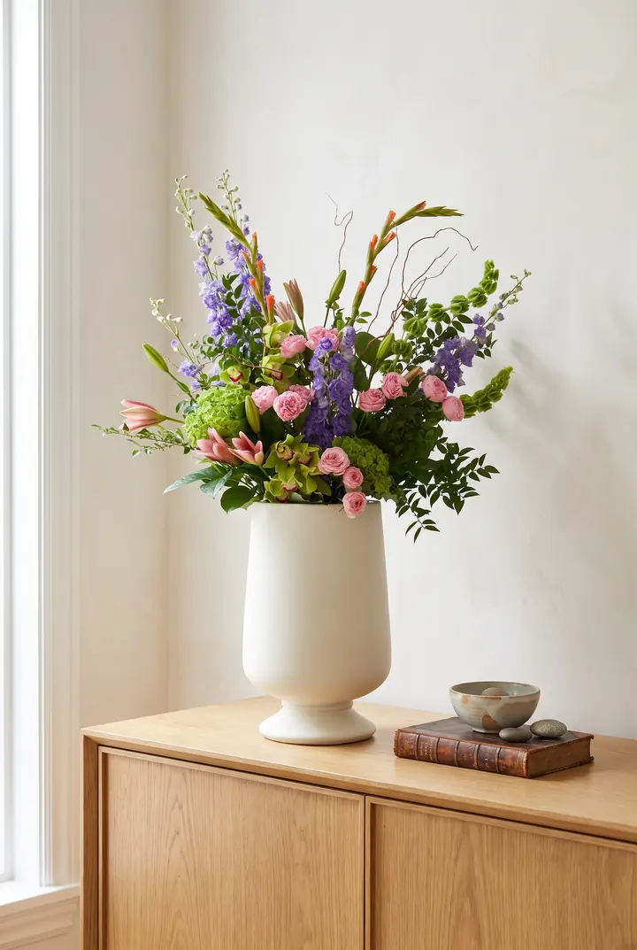 Un ramo de temporada. Rosas, delphinium y flor silvestre en un jarrón blanco.