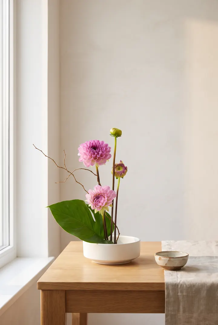 Dalias. Dalias rosas en un cuenco bajo.