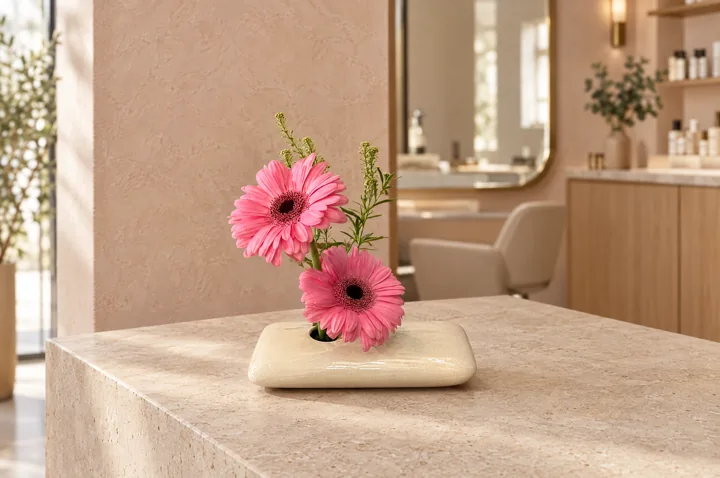 Un acento en rosa Dos flores rosas en un recipiente bajo para el mostrador de bienvenida. Ambientación digital de un arreglo de The Pots.