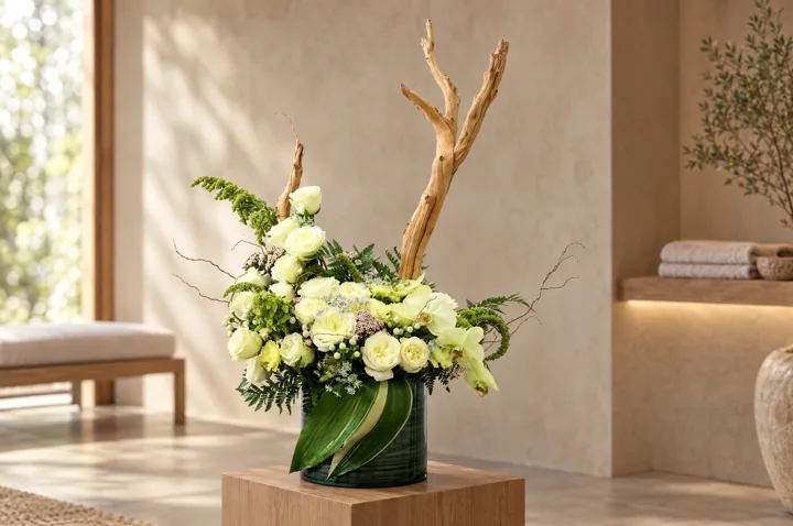 Madera, flor y calma Flores blancas, hojas y madera natural en una composición escultórica. Ambientación digital de un arreglo de The Pots.