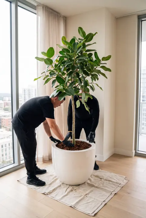 Plantando en obra. Nuestro equipo asentando un árbol en un macetero blanco.