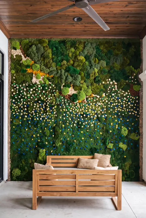 Un muro bajo el porche. Musgo con flores blancas bajo el techo de madera.