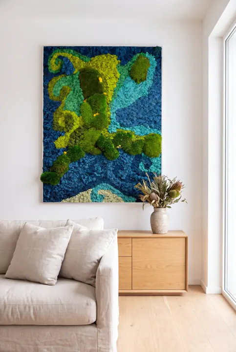 Un cuadro abstracto. Remolinos de musgo azul, lima y verde.