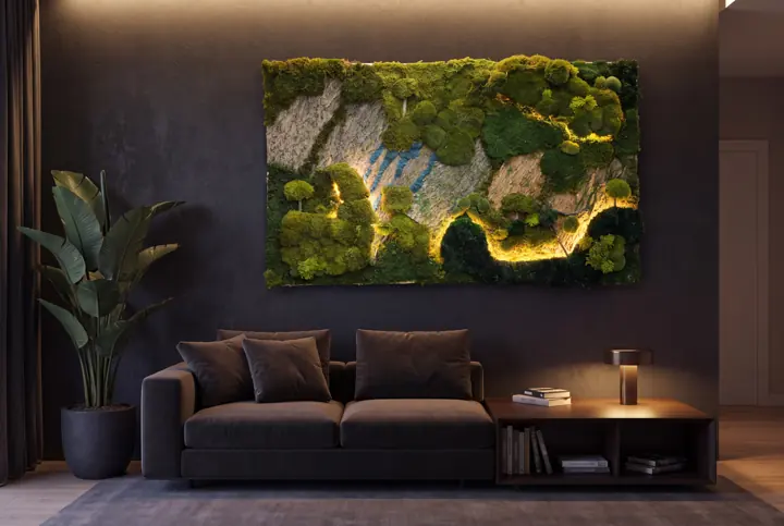 Light Moss. Un cuadro de musgo iluminado desde detrás.