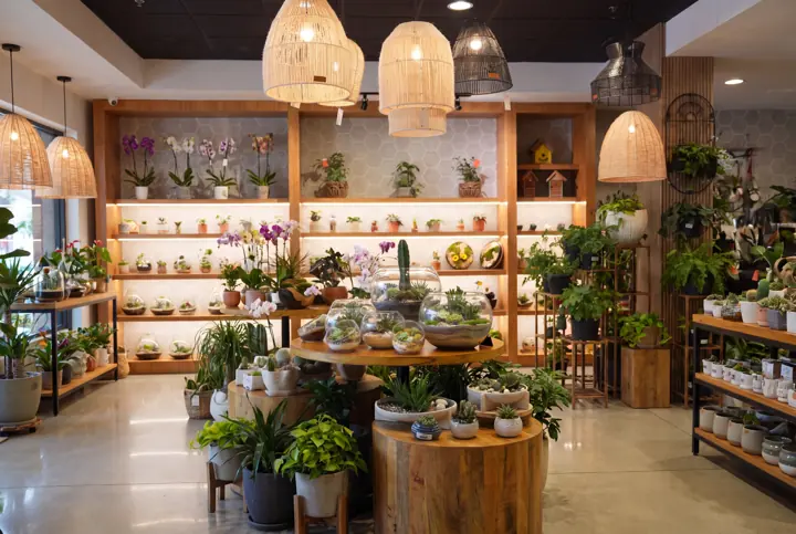 La mesa de terrarios. Terrarios y plantas en la tienda.