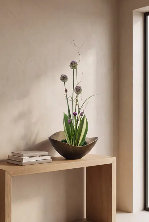 Un ikebana en la entrada. Alliums y tulipanes en un cuenco de bronce.