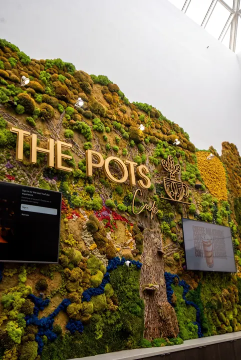 El gran muro. La pared de musgo con el letrero de The Pots.