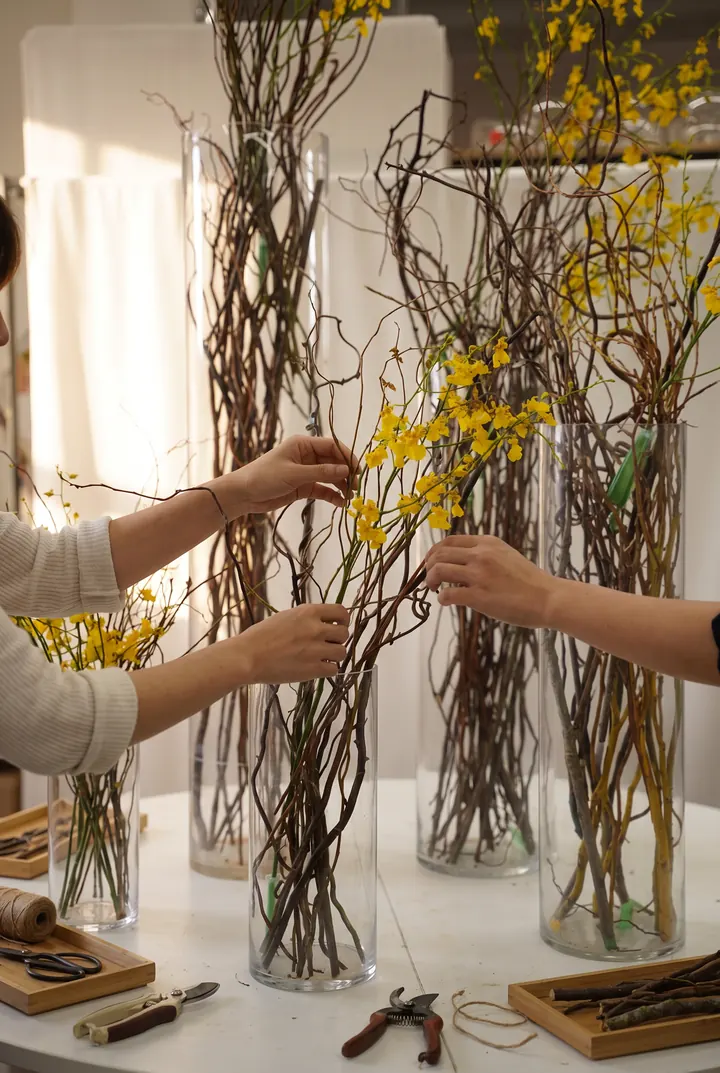 Ramas y forsythia. Montando jarrones altos de ramas con flor amarilla.