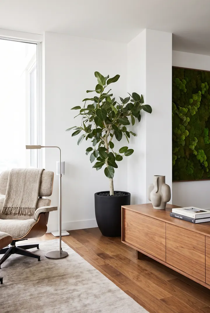 Un ficus en el salón. Un ficus en macetero negro y musgo en la pared.