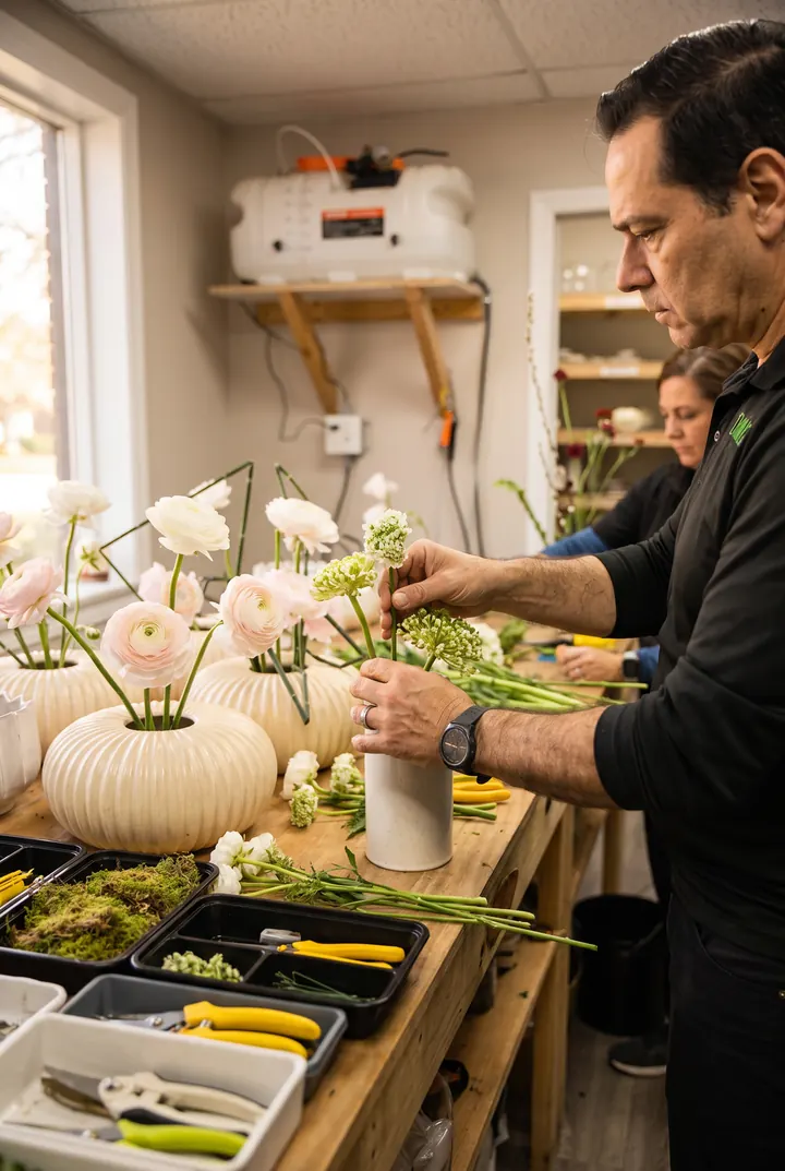 El curso de flores. Un alumno montando ranúnculos en un jarrón.