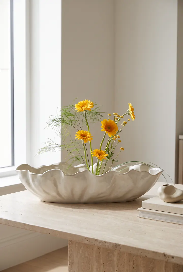 Gerberas en un cuenco. Gerberas amarillas en un cuenco ondulado.