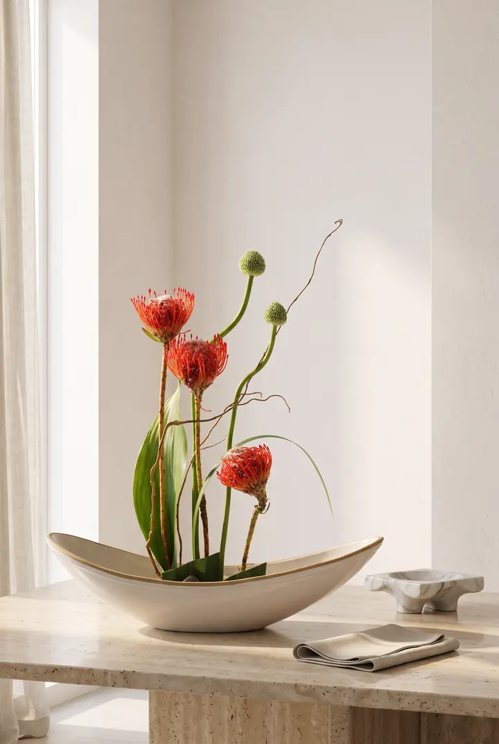 Un ikebana rojo. Protea y tallos curvos en una barca de cerámica.