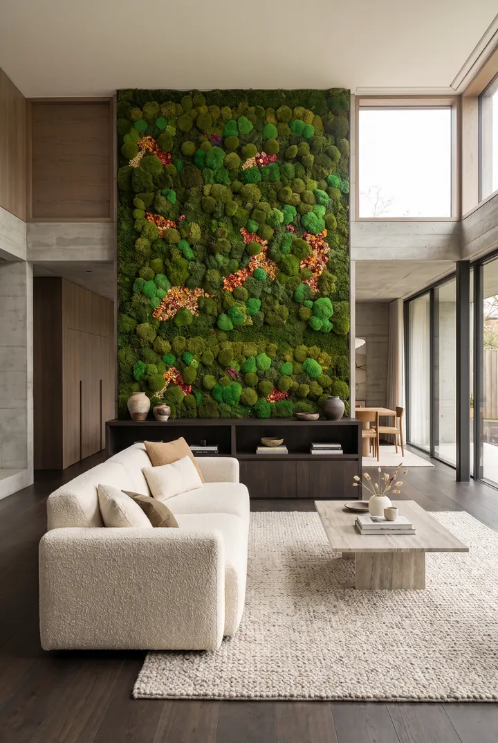 Un muro de musgo en el salón. Musgo con acentos de flor seca tras el sofá.