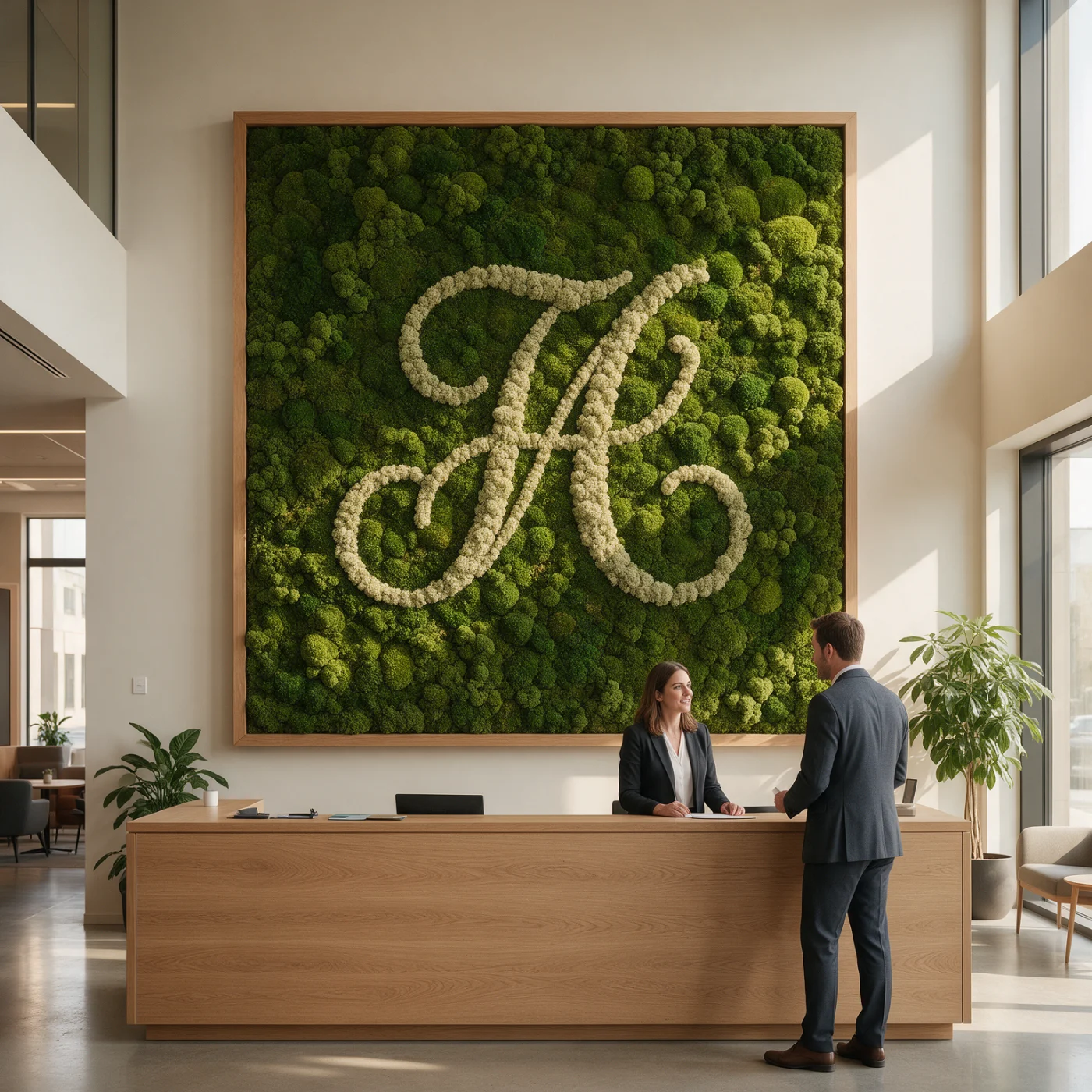 Recepción de una empresa con su logo formado en musgo